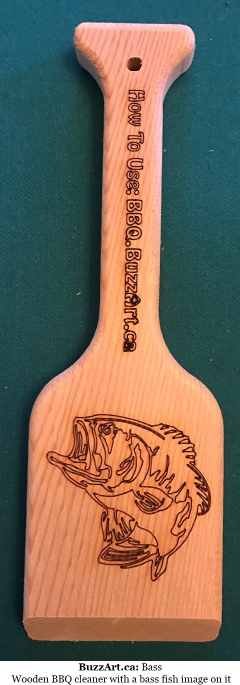 Wooden BBQ cleaner with a bass fish image on it